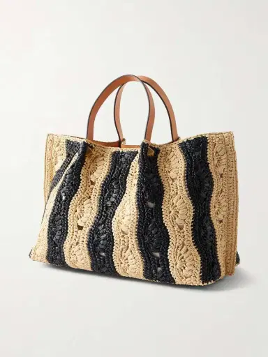 Valentino Garavani Vlogo Signature Medium Embellished Leather-trimmed Striped Crocheted Raffia Tote | Thumbnail 4 Valentino Garavani Vlogo Signature Medium Embellished Leather-trimmed Striped Crocheted Raffia Tote | Thumbnail 4