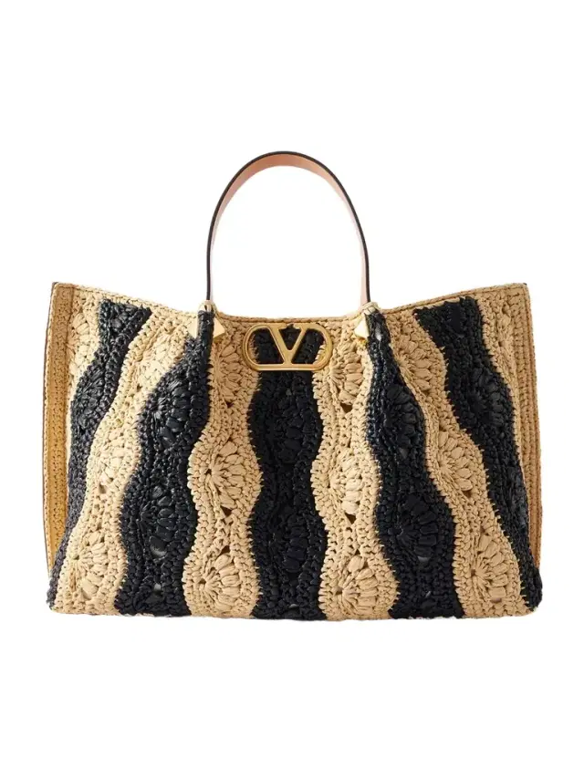 Vlogo Signature Medium Embellished Leather-trimmed Striped Crocheted Raffia Tote