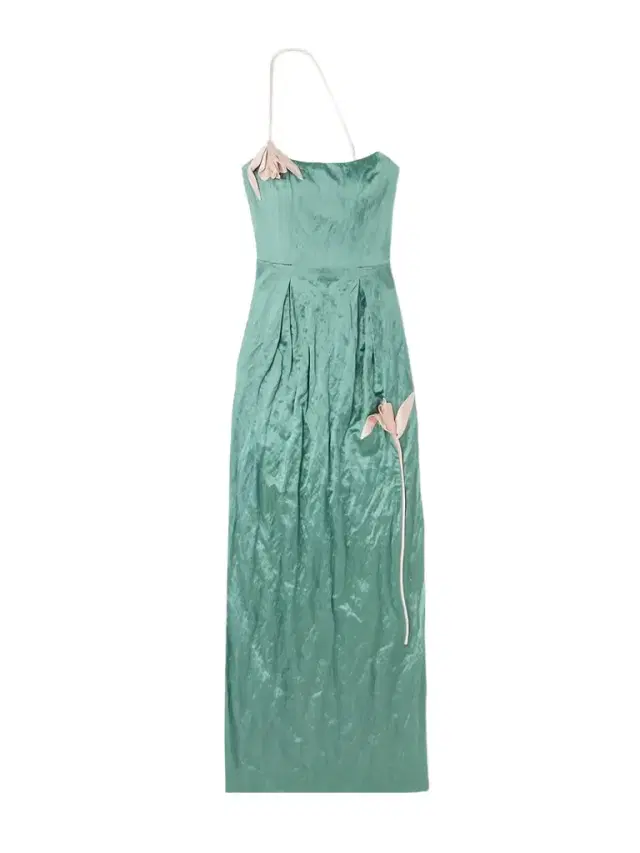 One-shoulder Bead-embellished Appliquéd Crinkled-satin Gown