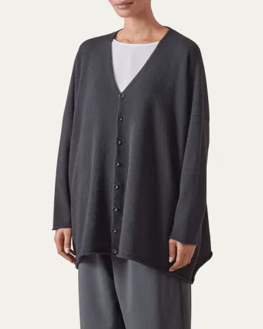 Eskandar A-Line V Neck Cashmere Cardigan (Long Length) | Thumbnail 5