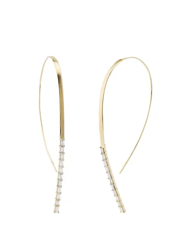 14K Yellow Gold Baguette Diamond Flat Hooked on Hoop Earrings