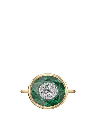 Bhansali One Collection 10mm Round Fusion Emerald Bezel Ring in 18K Yellow Gold with Diamonds, Size | Thumbnail 1 Bhansali One Collection 10mm Round Fusion Emerald Bezel Ring in 18K Yellow Gold with Diamonds, Size | Thumbnail 1