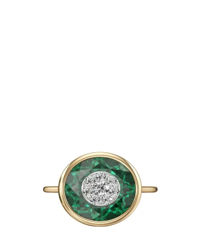 Bhansali One Collection 10mm Round Fusion Emerald Bezel Ring in 18K Yellow Gold with Diamonds, Size