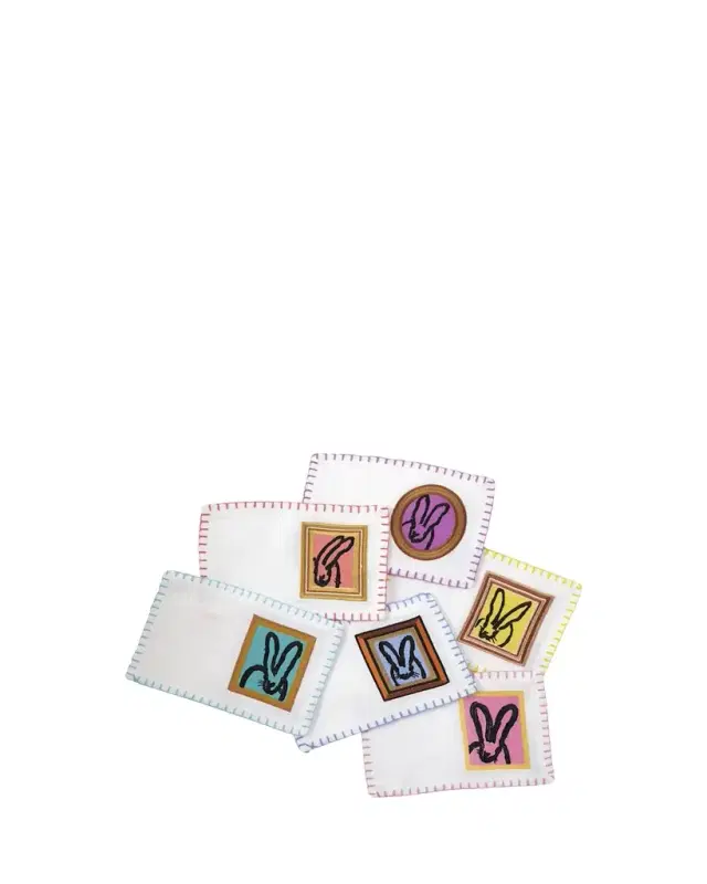 Hunt Slonem Framed Bunny Embroidered Linen Cocktail Napkins, Set of 6