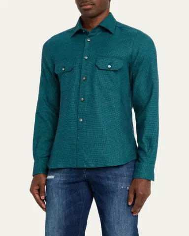 Kiton Men's Cotton Micro-Houndstooth Textured Overshirt | Thumbnail 5