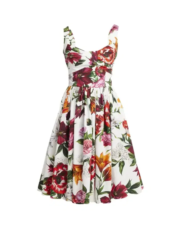 Floral Poplin Pleated Bust Fit-&-Flare Dress
