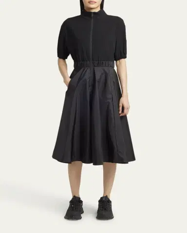 Moncler Short-Sleeve Zip Mixed-Media Dress | Thumbnail 2 Moncler Short-Sleeve Zip Mixed-Media Dress | Thumbnail 2