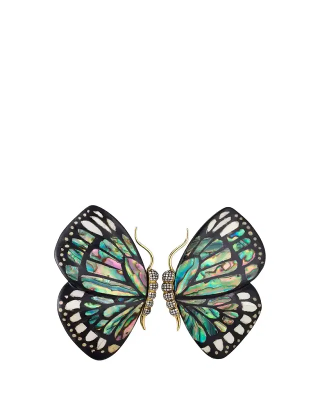 Silvia Furmanovich 18K Yellow Gold Butterfly Wing Marquetry Earrings with Mother Of Pearl, Abalone Inlay and Diamonds