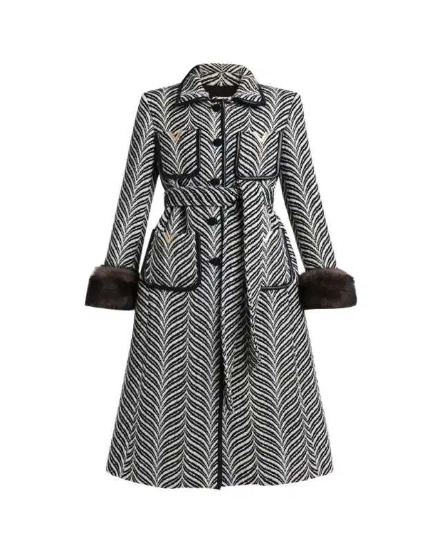 Valentino Garavani Lamb Shearling Cuff Belted Herringbone Coat