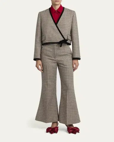 Valentino Garavani Velvet-Trim Houndstooth Crop Wrap Jacket | Thumbnail 2 Valentino Garavani Velvet-Trim Houndstooth Crop Wrap Jacket | Thumbnail 2