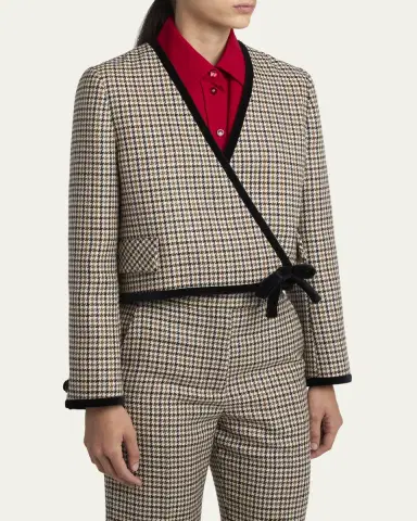 Valentino Garavani Velvet-Trim Houndstooth Crop Wrap Jacket | Thumbnail 4 Valentino Garavani Velvet-Trim Houndstooth Crop Wrap Jacket | Thumbnail 4