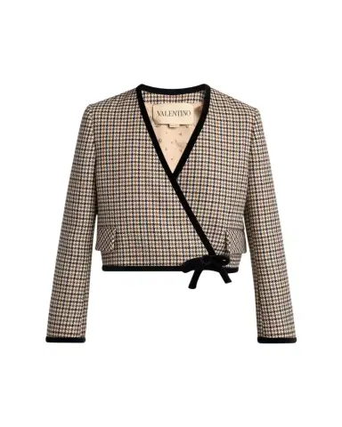 Valentino Garavani Velvet-Trim Houndstooth Crop Wrap Jacket | Thumbnail 1 Valentino Garavani Velvet-Trim Houndstooth Crop Wrap Jacket | Thumbnail 1