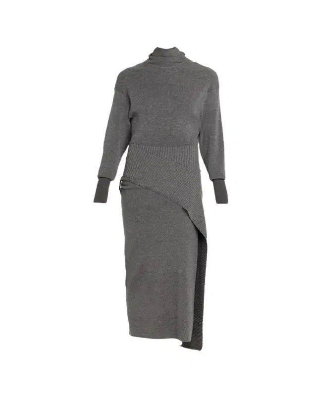 Side Drape Long-Sleeve Wool-Cashmere Midi Sweater Dress