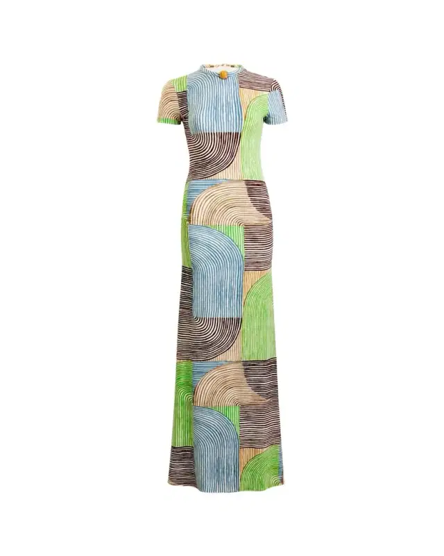 Yara Abstract-Print Short-Sleeve Maxi Dress