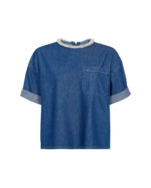 Ex T in Denim Shirting with Crystal Collar