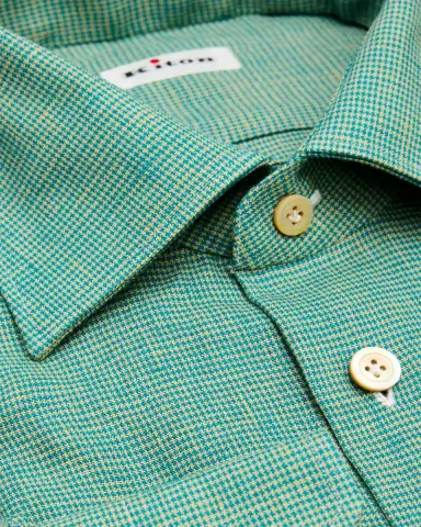 Kiton Men's Linen Blend Micro-Houndstooth Dress Shirt | Thumbnail 2