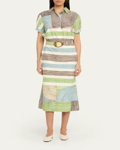 Silvia Tcherassi Odila Striped Short-Sleeve Midi Shirtdress With Belt | Thumbnail 2