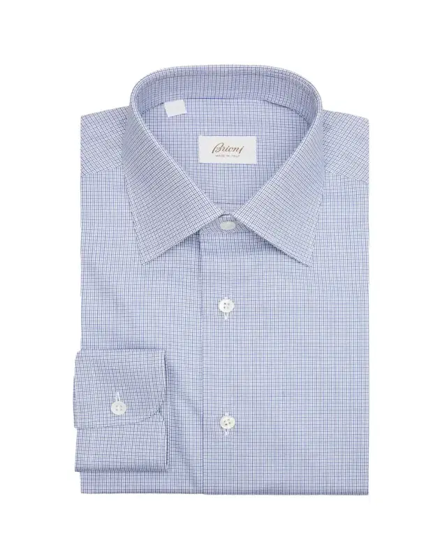 Brioni Men's Cotton Micro-Check Point Collar Dress Shirt