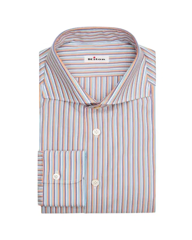 Men's Cotton Multicolor Stripe Spread-Collar Dress Shirt