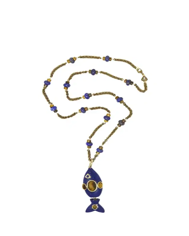 Blue Resin and Tiger's Eye Fish Pendant Necklace
