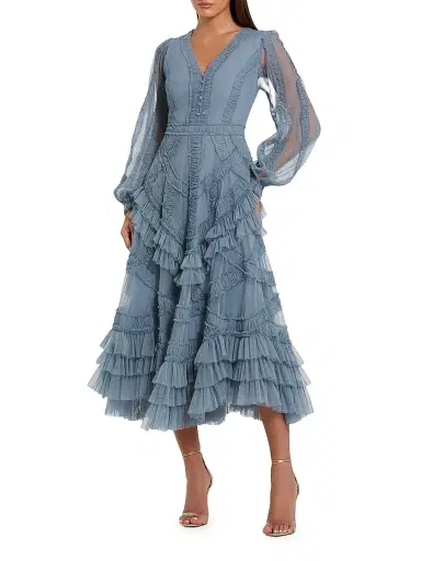Mac Duggal Women's Mesh Micro Ruffle Midi-Dress | Thumbnail 1