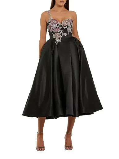 Mac Duggal Women's Cocktail Satin Fit & Flare Midi-Dress - Black Multi - Size 10 | Thumbnail 1 Mac Duggal Women's Cocktail Satin Fit & Flare Midi-Dress - Black Multi - Size 10 | Thumbnail 1