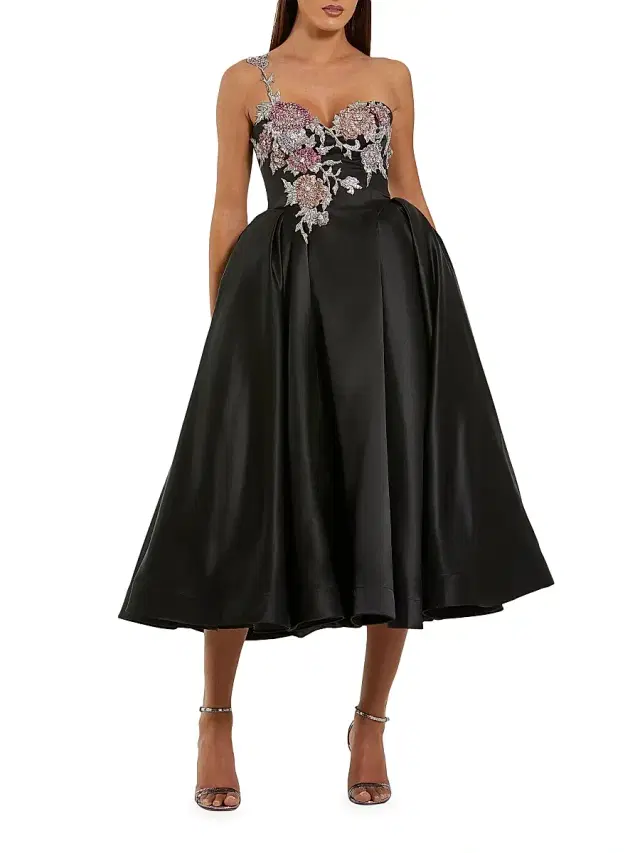 Women's Cocktail Satin Fit & Flare Midi-Dress - Black Multi