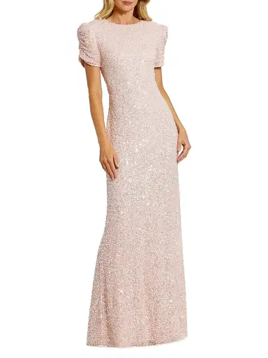 Mac Duggal Women's Petite Beaded Mesh Column Short-Sleeve Gown | Thumbnail 1 Mac Duggal Women's Petite Beaded Mesh Column Short-Sleeve Gown | Thumbnail 1