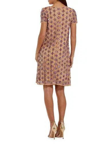 Mac Duggal Women's Cocktail Beaded Mesh T-Shirt Knee-Length Dress - Beige Lilac | Thumbnail 2