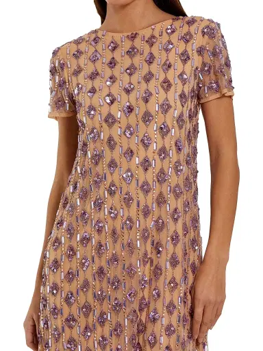 Mac Duggal Women's Cocktail Beaded Mesh T-Shirt Knee-Length Dress - Beige Lilac | Thumbnail 3
