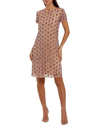 Mac Duggal Women's Cocktail Beaded Mesh T-Shirt Knee-Length Dress - Beige Lilac | Thumbnail 1