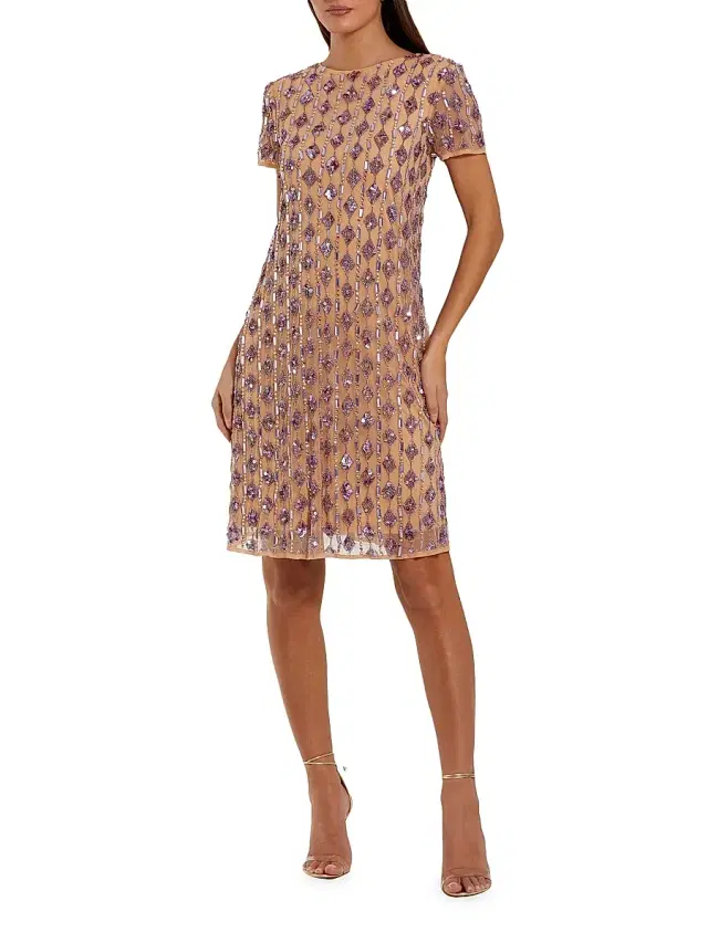 Mac Duggal Women's Cocktail Beaded Mesh T-Shirt Knee-Length Dress - Beige Lilac