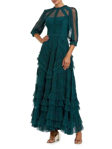Mac Duggal Women's Evening Mesh Ruffle-Trim Gown - Teal - Size 24 | Thumbnail 1 Mac Duggal Women's Evening Mesh Ruffle-Trim Gown - Teal - Size 24 | Thumbnail 1