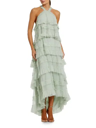 Mac Duggal Women's Cocktail Mesh Ruffle Halter Maxi Dress - Seamist - Size XL | Thumbnail 1 Mac Duggal Women's Cocktail Mesh Ruffle Halter Maxi Dress - Seamist - Size XL | Thumbnail 1