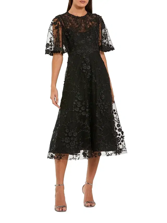 Women's Cocktail Embroidered Mesh Midi-Dress - Black