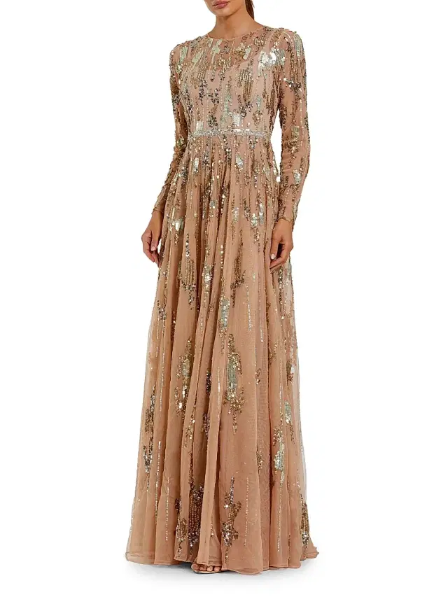Women's Evening Mesh Long-Sleeve Gown - Taupe