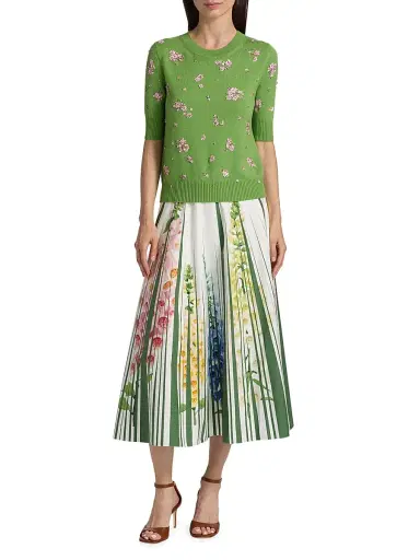 Oscar de la Renta Women's Floral Cluster-Embroidered Wool Sweater - Green Pink | Thumbnail 2 Oscar de la Renta Women's Floral Cluster-Embroidered Wool Sweater - Green Pink | Thumbnail 2