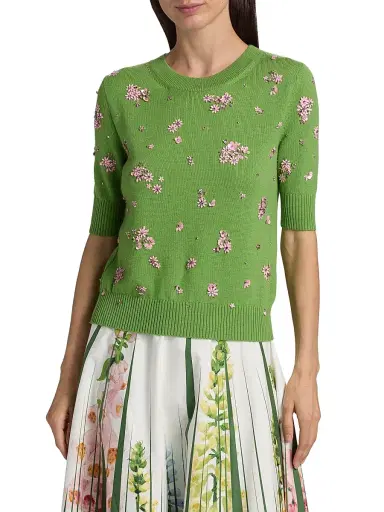 Oscar de la Renta Women's Floral Cluster-Embroidered Wool Sweater - Green Pink | Thumbnail 3 Oscar de la Renta Women's Floral Cluster-Embroidered Wool Sweater - Green Pink | Thumbnail 3