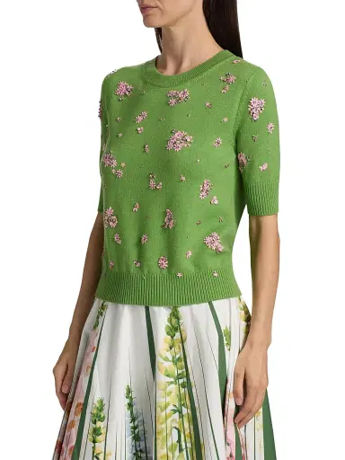Oscar de la Renta Women's Floral Cluster-Embroidered Wool Sweater - Green Pink | Thumbnail 4 Oscar de la Renta Women's Floral Cluster-Embroidered Wool Sweater - Green Pink | Thumbnail 4