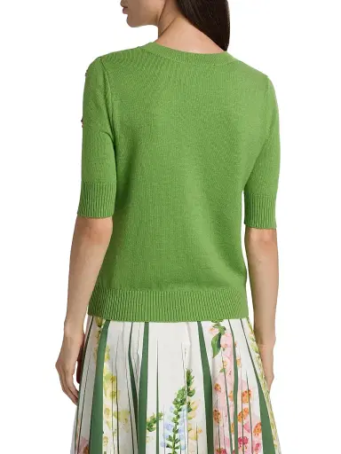 Oscar de la Renta Women's Floral Cluster-Embroidered Wool Sweater - Green Pink | Thumbnail 5 Oscar de la Renta Women's Floral Cluster-Embroidered Wool Sweater - Green Pink | Thumbnail 5