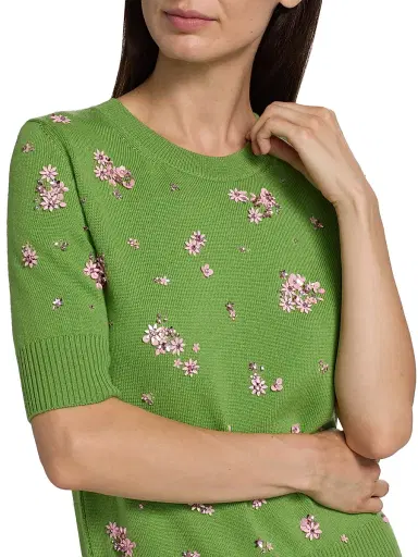 Oscar de la Renta Women's Floral Cluster-Embroidered Wool Sweater - Green Pink | Thumbnail 6 Oscar de la Renta Women's Floral Cluster-Embroidered Wool Sweater - Green Pink | Thumbnail 6