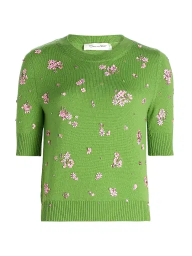 Oscar de la Renta Women's Floral Cluster-Embroidered Wool Sweater - Green Pink | Thumbnail 1 Oscar de la Renta Women's Floral Cluster-Embroidered Wool Sweater - Green Pink | Thumbnail 1