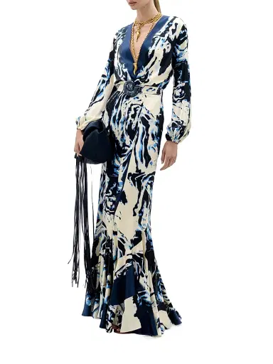 Silvia Tcherassi Women's Remy Plunging Stretch-Silk Maxi Dress - Deep Sea Abstract | Thumbnail 2