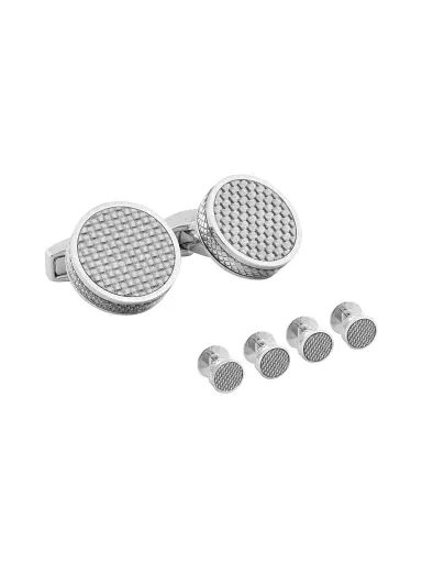 Tateossian Men's Round Patterned Carbon Fiber Stud Set - Grey | Thumbnail 1 Tateossian Men's Round Patterned Carbon Fiber Stud Set - Grey | Thumbnail 1