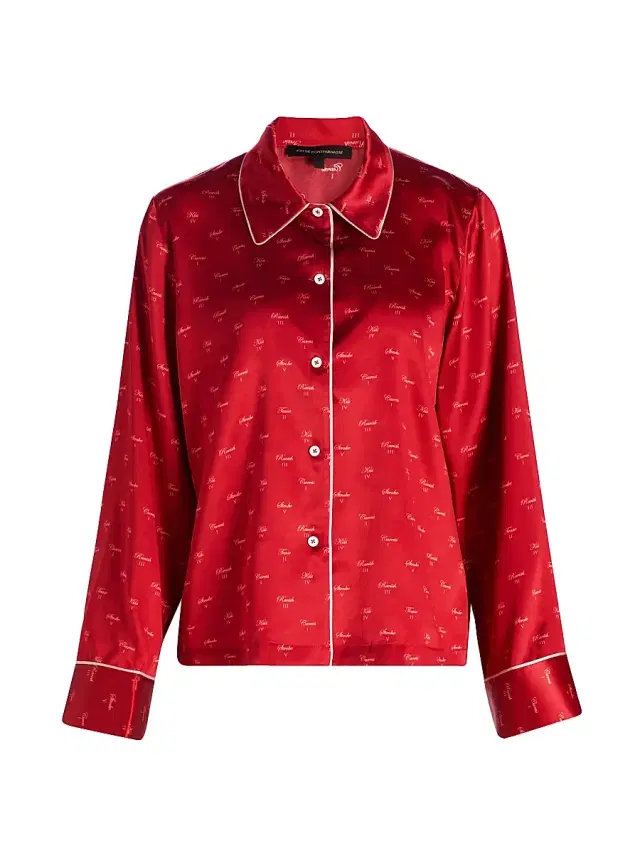 Kiki de Montparnasse Women's Kiss-Printed Silk Pajama Top - Kiki Red And Buff
