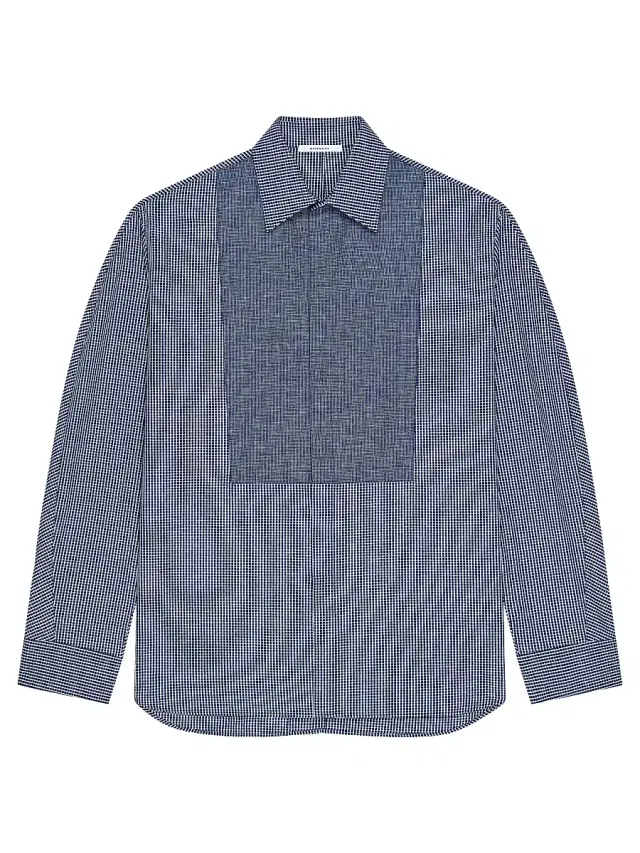 Men's Couture Seam Checked Tuxedo Shirt in Cotton - Blue