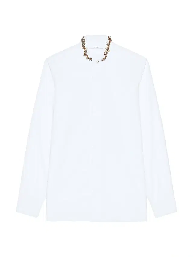 Men's Slim Fit Shirt in Poplin with Embroidered Pearls - White
