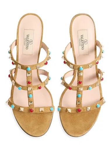 Valentino Garavani Women's Rockstud Slide Sandals in Suede with Cabochon Stones 60MM - Havana Beige - Size 5 | Thumbnail 4 Valentino Garavani Women's Rockstud Slide Sandals in Suede with Cabochon Stones 60MM - Havana Beige - Size 5 | Thumbnail 4