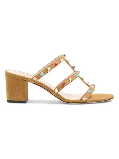 Valentino Garavani Women's Rockstud Slide Sandals in Suede with Cabochon Stones 60MM - Havana Beige - Size 5 | Thumbnail 1 Valentino Garavani Women's Rockstud Slide Sandals in Suede with Cabochon Stones 60MM - Havana Beige - Size 5 | Thumbnail 1