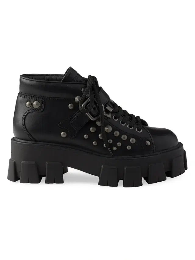 Prada Women's Monolith Studded Leather Booties - Black